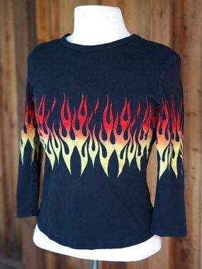 Vintage Y2K GENERATION Y 100% Cotton Velvet Fire & Flames Black Shirt Woman's S